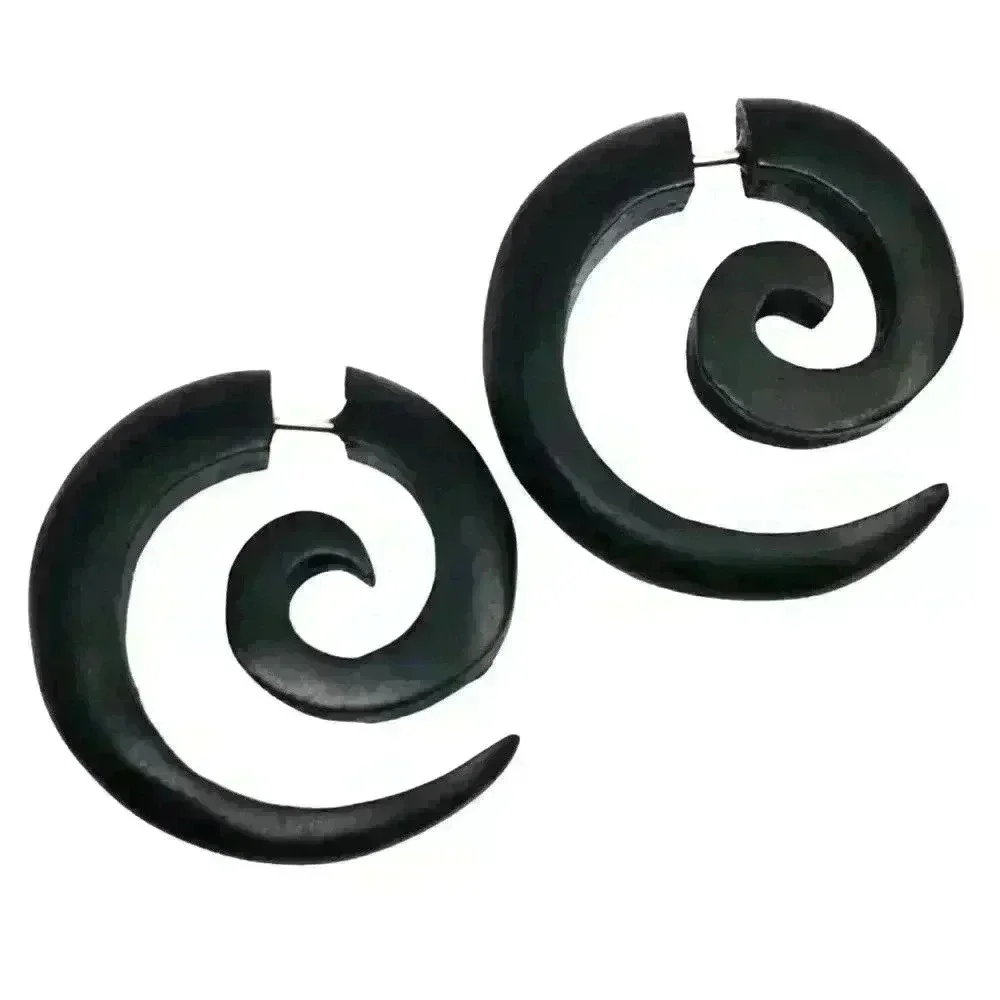 Organic wooden spiral hoop earrings fake gauges by umbrellalaboratory